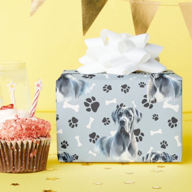 Grey Great Dane Dog Portrait Paw Print Pattern  Wrapping Paper (Birthday Party)