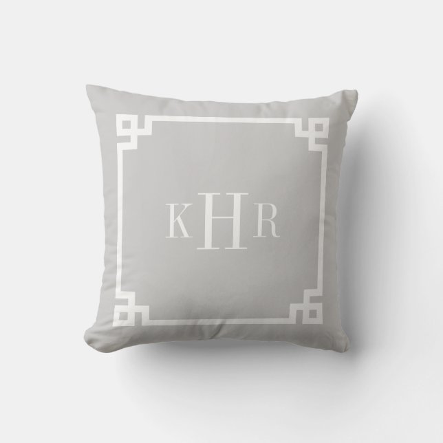 Grey Greek Key Border Custom Monogram Throw Pillow (Front)