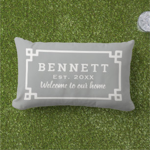 Grey Greek Key Custom Monogram Welcome Lumbar Pillow