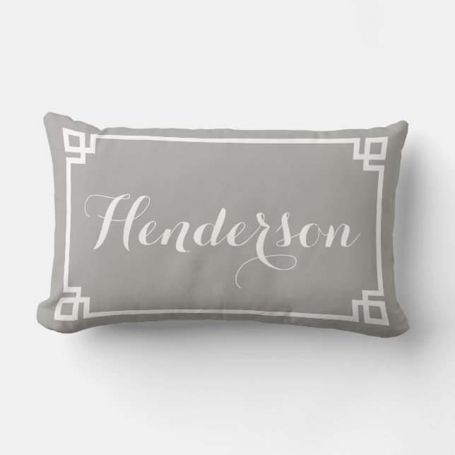 Grey Greek Key Family Name Lumbar Pillow (Front)