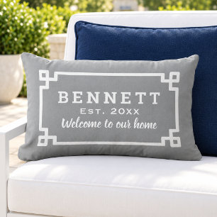 Grey Greek Key Monogram Welcome Lumbar Pillow