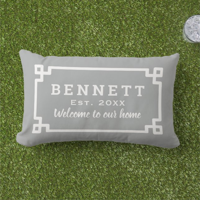 Grey Greek Key Monogram Welcome Lumbar Pillow (Grass)