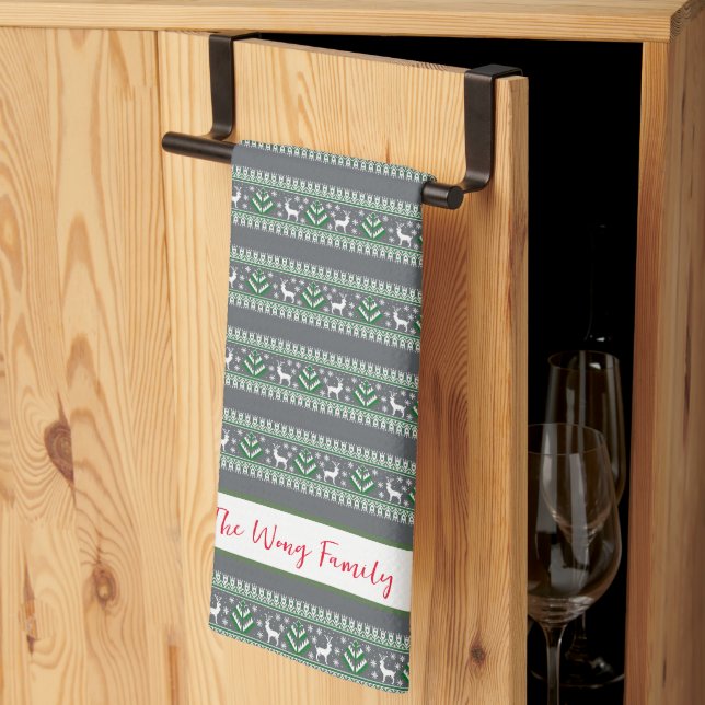 Grey Green and White Fair Isle Christmas Kitchen Towel (Thirds Fold)
