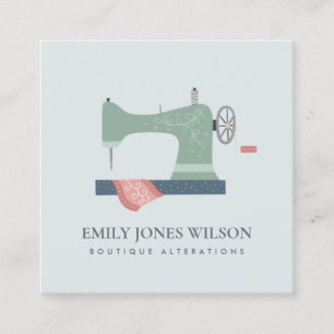 GREY GREEN AQUA ORANGE PINK SEWING MACHINE TAILOR SQUARE BUSINESS CARD