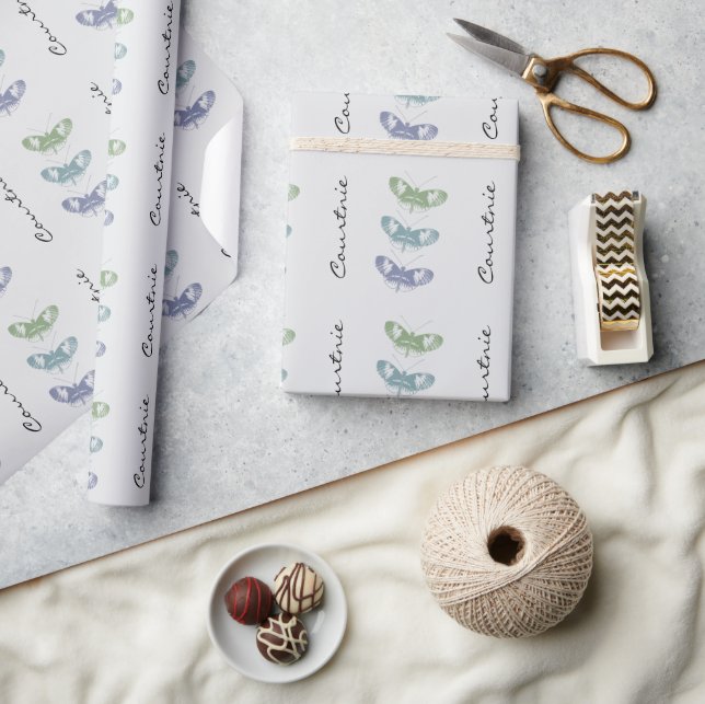 Grey Green Blue Butterflies Personalized Birthday Wrapping Paper (Crafts)