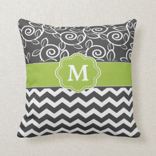 Grey Green Chevron Monogram Throw Pillow