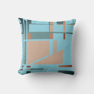 Grey-green Coral Rust Aqua  Geometric MCM Inspired Throw Pillow