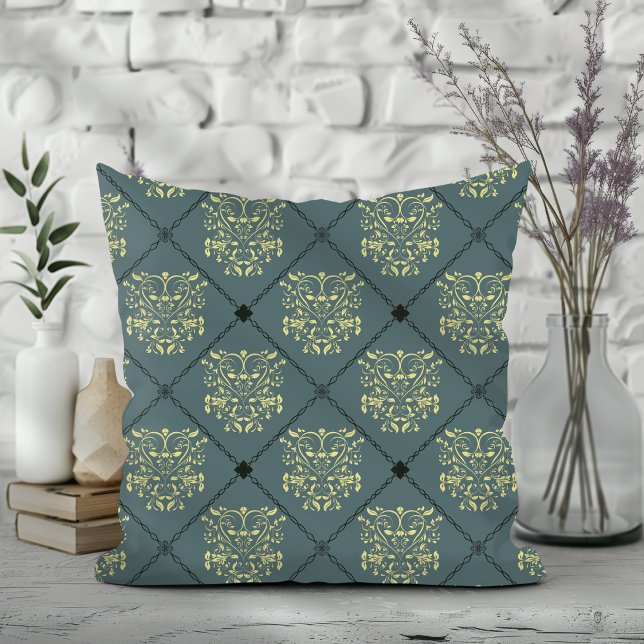 Grey Green Diamond Damask Pattern Throw Pillow (Creator Uploaded)