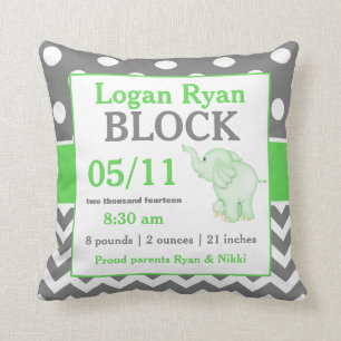 Grey Green Elephant Baby Announcement Pillow