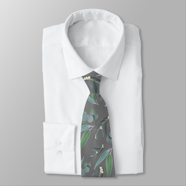 Grey Green Eucalyptus Greenery Pattern Tie (Tied)