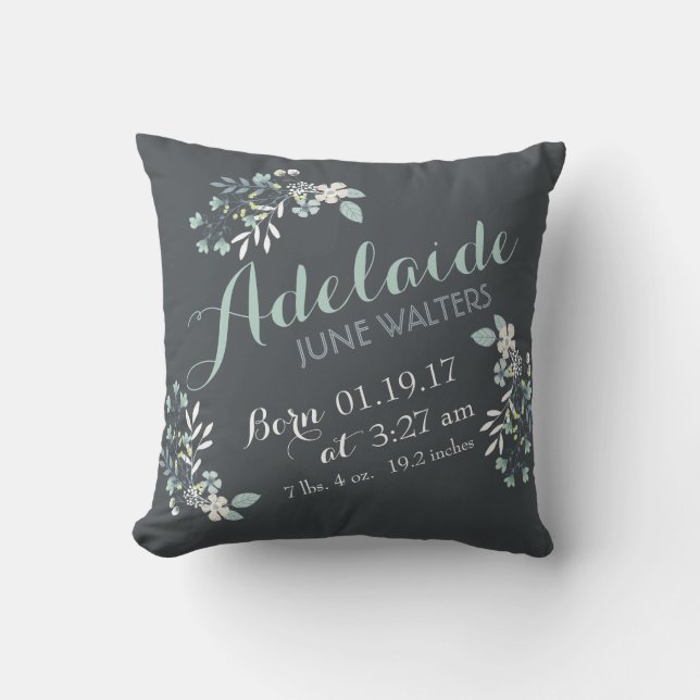 Grey Green Floral Nursery Keepsake Throw Pillow (Front)
