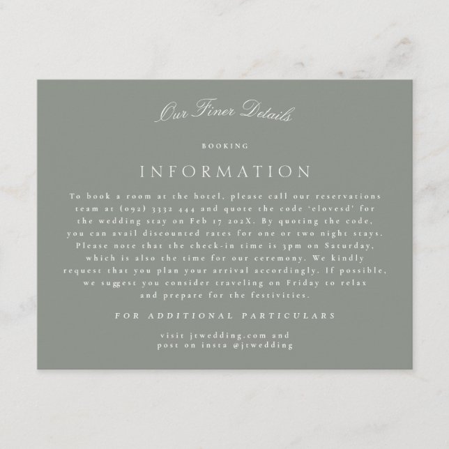 Grey Green Formal Calligraphy Wedding Details Enclosure Card (Front)