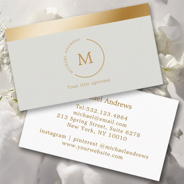 Grey-Green Gold Stripe Monogramm Circle Business Card (Creator Uploaded)