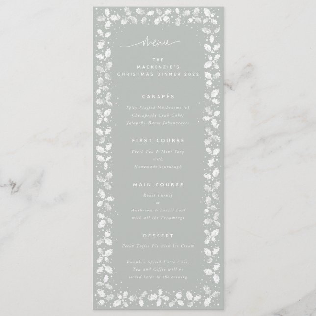 Grey-Green Hand Printed Holly+Berries Christmas Menu (Front)