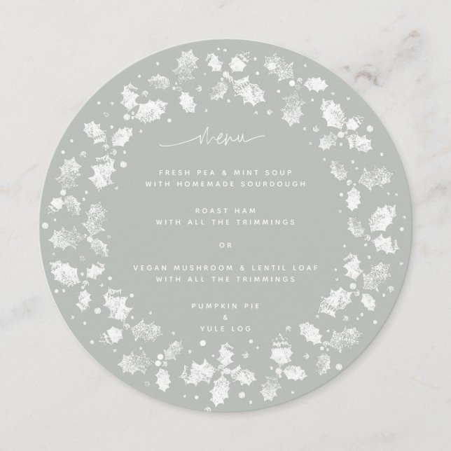 Grey-Green Hand Printed Holly Wreath Christmas Menu (Front)