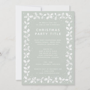 Grey Green Holly Leaf Border Christmas Party Invitation