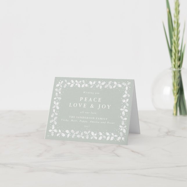 Grey Green Holly Leaves Peace Love & Joy Non Photo Holiday Card (Front)