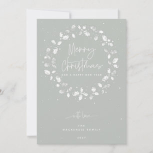 Grey-Green Merry Christmas Holly Wreath Holiday Card