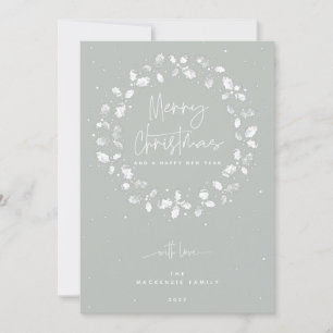 Grey-Green Merry Christmas Holly Wreath Holiday Card