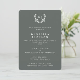 Grey-Green Monogram Laurel Wreath Graduation Invitation