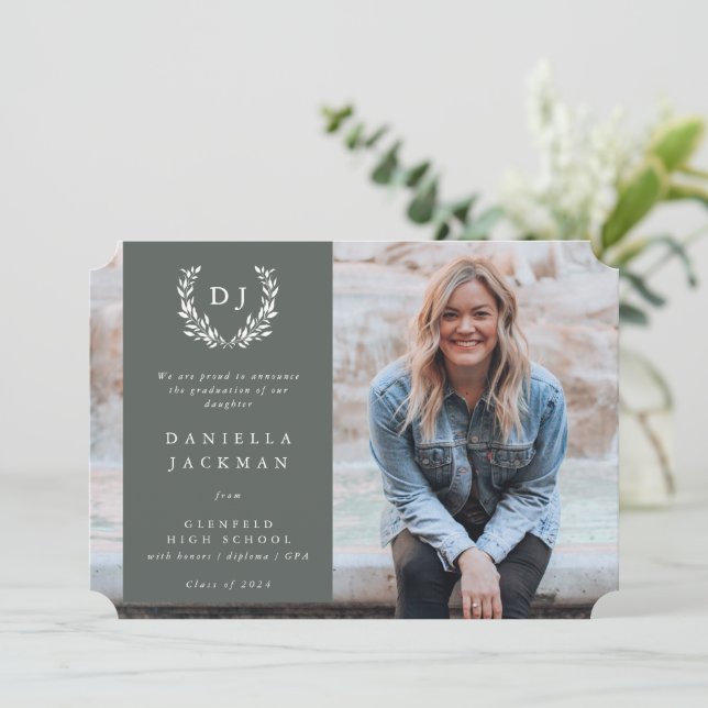 Grey-Green Monogram Laurel Wreath Graduation Photo Announcement (Standing Front)
