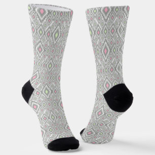Grey, green, pink rhombuses on a white socks
