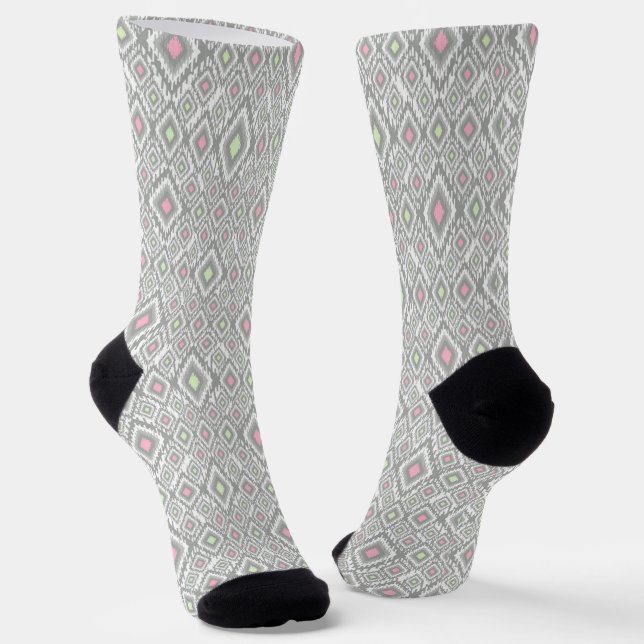 Grey, green, pink rhombuses on a white socks (Angled)