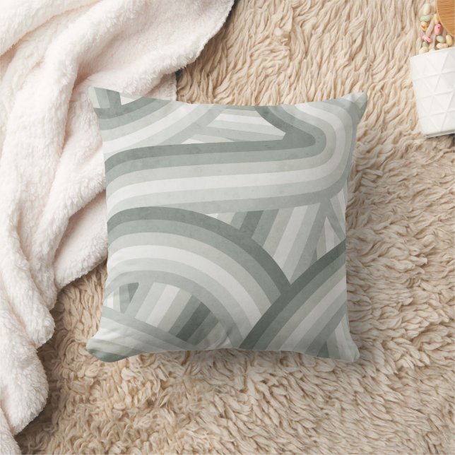Grey-Green Retro Rainbow Stripes Pattern Throw Pillow (Blanket)