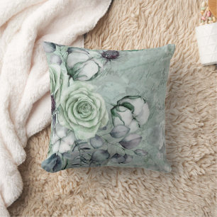 Grey/Green Roses Throw Pillow