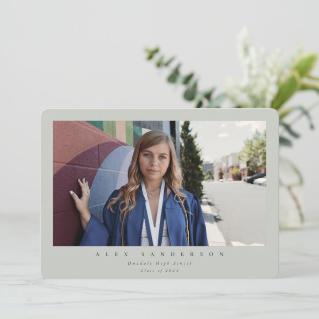 Grey-Green Simple Modern Single Photo Graduation Announcement (Standing Front)
