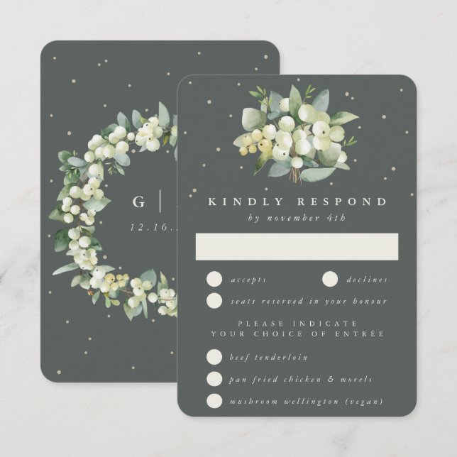 Grey Green Snowberry+Eucalyptus Bouquet Wedding RSVP Card (Front/Back)