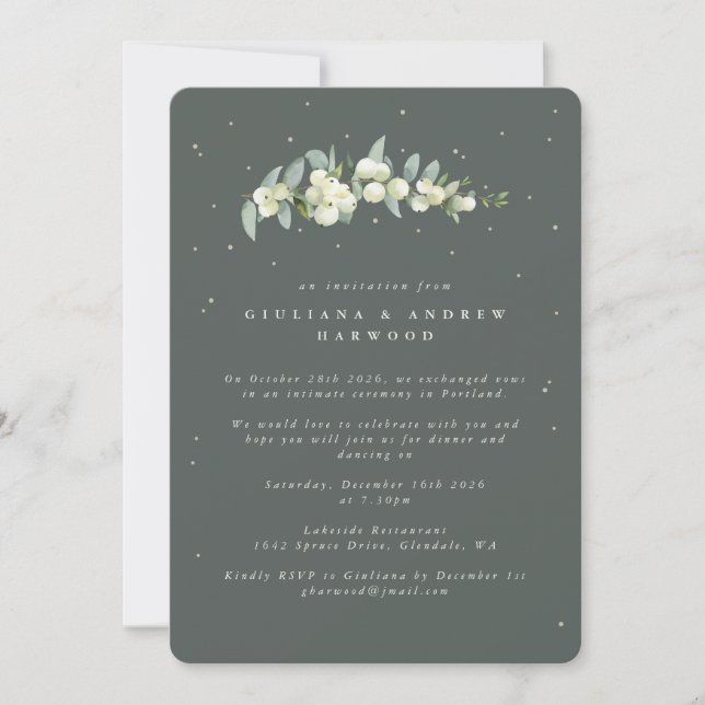 Grey Green Snowberry+Eucalyptus Wedding Reception Invitation (Front)