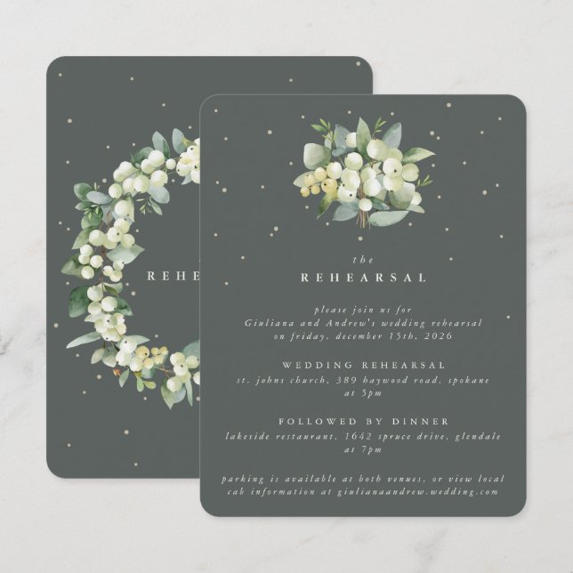 Grey Green Snowberry+Eucalyptus Wedding Rehearsal Enclosure Card (Front/Back)