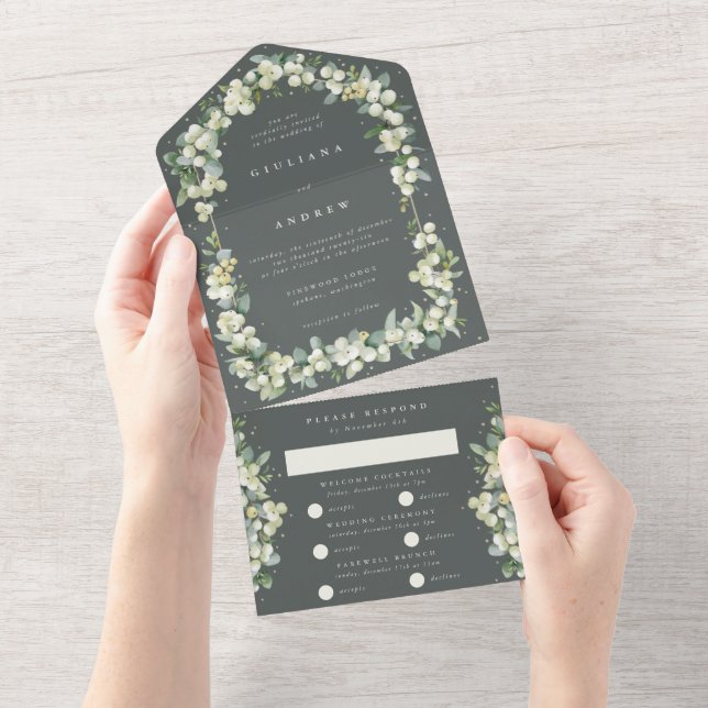 Grey Green Snowberry+Eucalyptus Winter Wedding All In One Invitation (Tearaway)