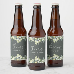 Grey-Green Snowberry+Eucalyptus Winter Wedding Beer Bottle Label
