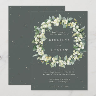Grey Green Snowberry+Eucalyptus Wreath Wedding Invitation