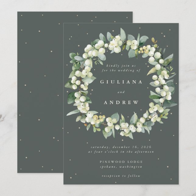 Grey Green Snowberry+Eucalyptus Wreath Wedding Invitation (Front/Back)