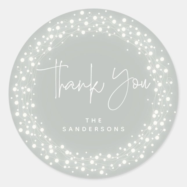 Grey-Green Thank You Sparkling Lights Christmas Classic Round Sticker (Front)