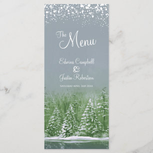 Grey green trees painted winter wedding menu