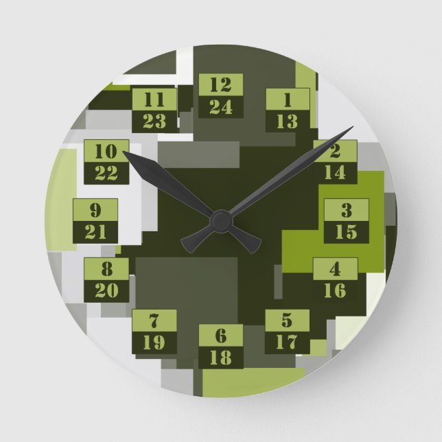 Grey Green Urban Camouflage Squares Military Time Round Clock (Front)