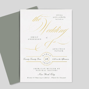 Grey Green White Elegant Calligraphy Wedding Gold