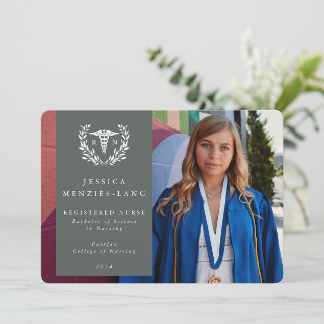 Grey Green + White Laurel Wreath Registered Nurse Announcement (Standing Front)