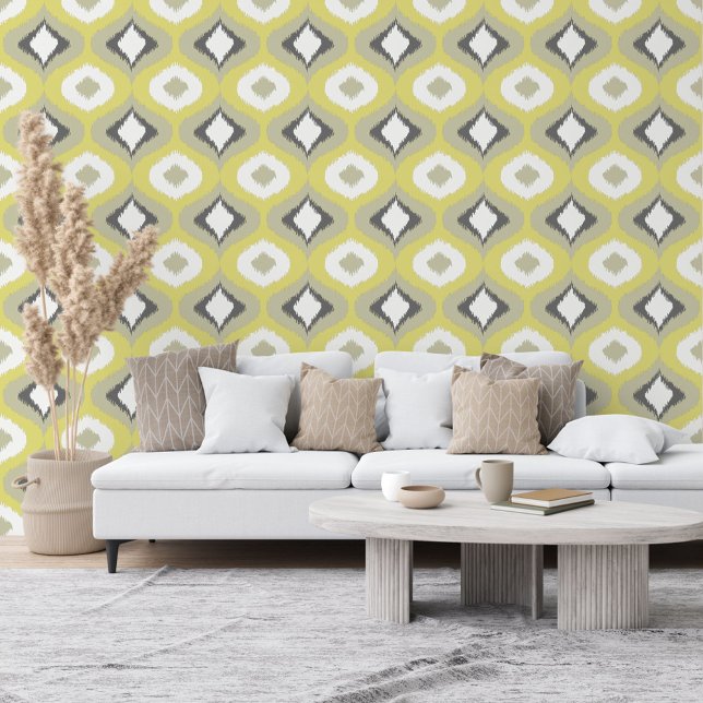 Grey Green Yellow Mustard White Ikat Pattern Wallpaper (Creator Uploaded)