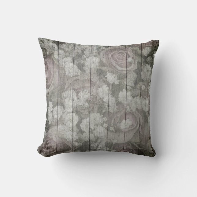Grey Grey Country Chic Roses Throw Pillow (Front)