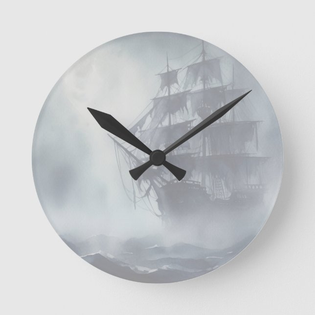 Grey, Grey Fog Pirate Ship Retirement Round Clock (Front)