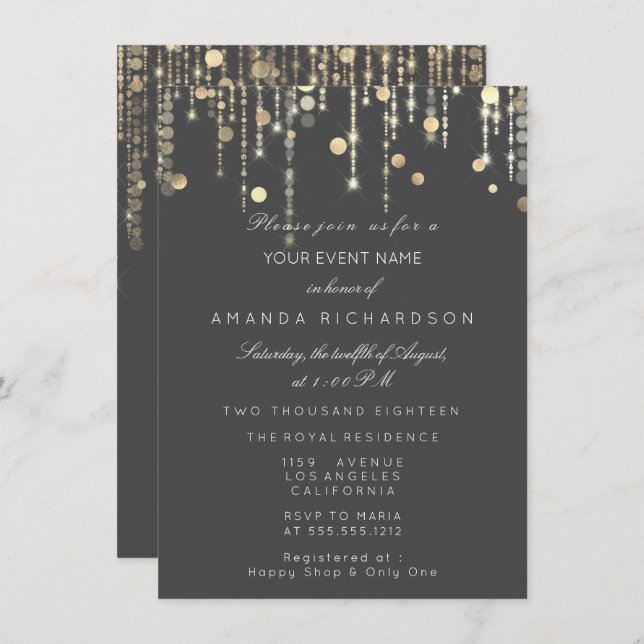 Grey Grey Gold Drips Birthday Bridal Shower Invitation (Front/Back)