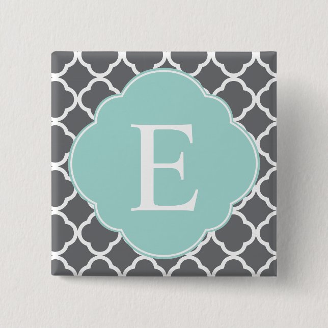 Grey Grey Mint Quatrefoil Monogram 2 Inch Square Button (Front)
