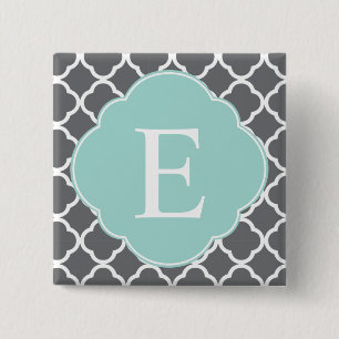 Grey Grey Mint Quatrefoil Monogram 2 Inch Square Button