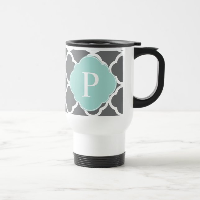 Grey Grey Mint Quatrefoil Monogram Travel Mug (Right)