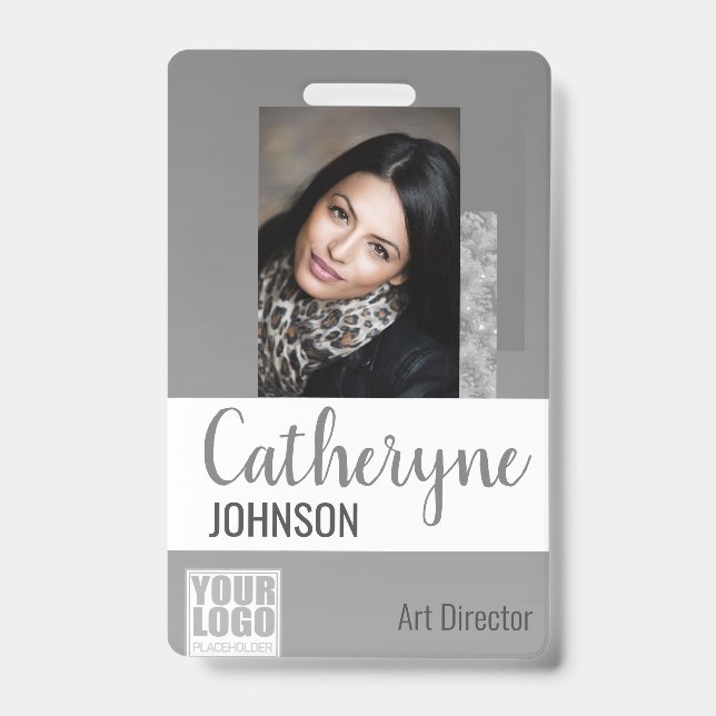 Grey Grey Ombre Logo Barcode ID Photo Template Badge (Front)